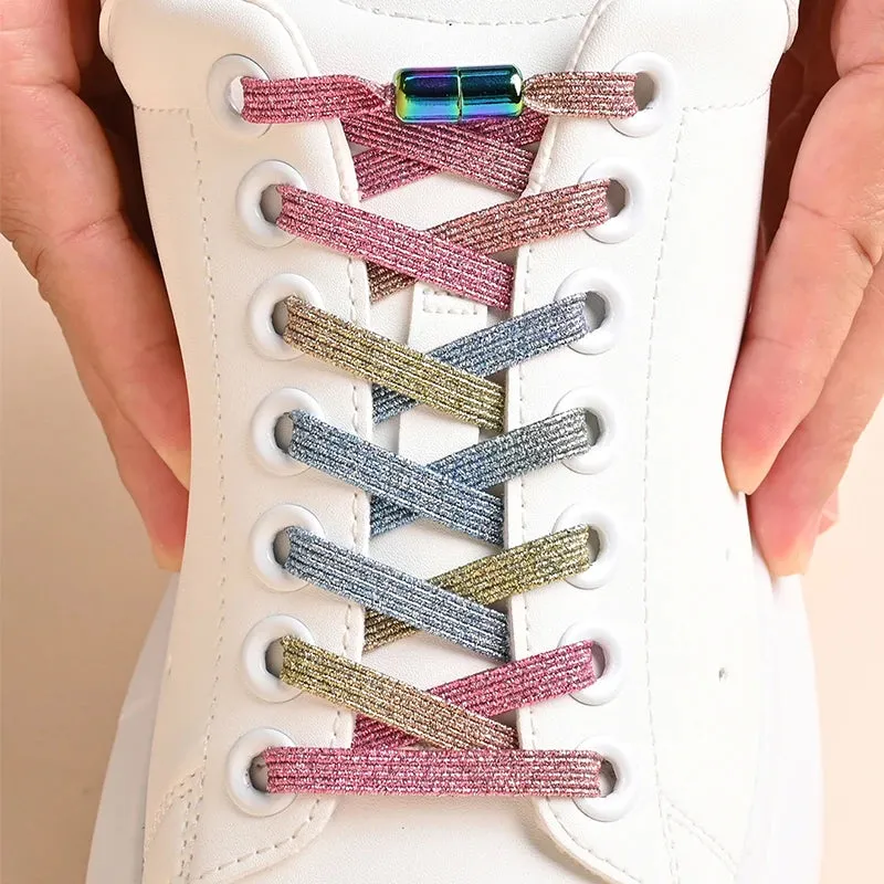 1 Pair No-Tie Locked Shoe Laces Colorful Buckle Shoelaces Pearl Light Colorful Fashion Without Ties Elastic Laces for Kids & Adult Sneakers