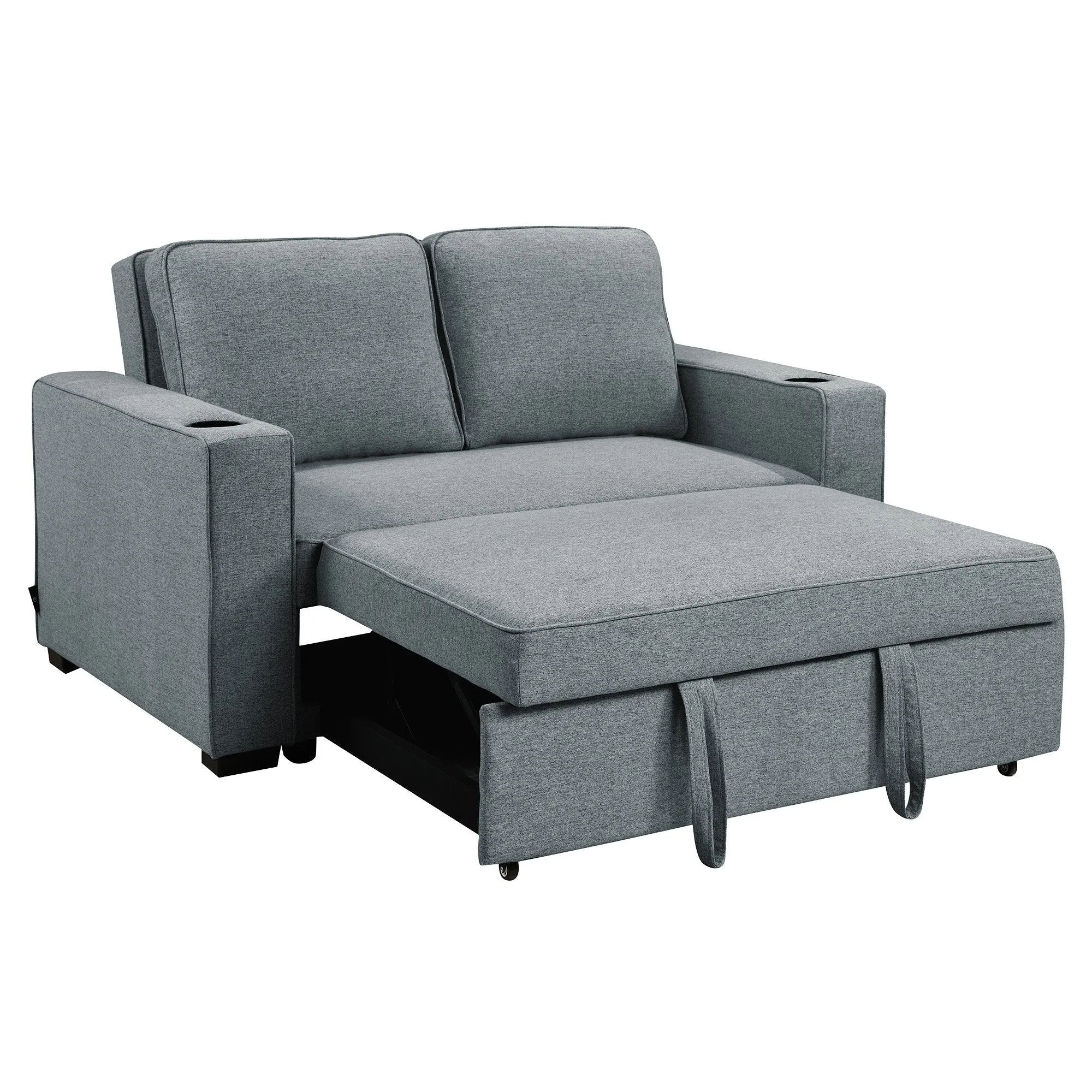 2-Seater Linen Sofa Bed, Cup Holders, Space-Saving, Dark Grey