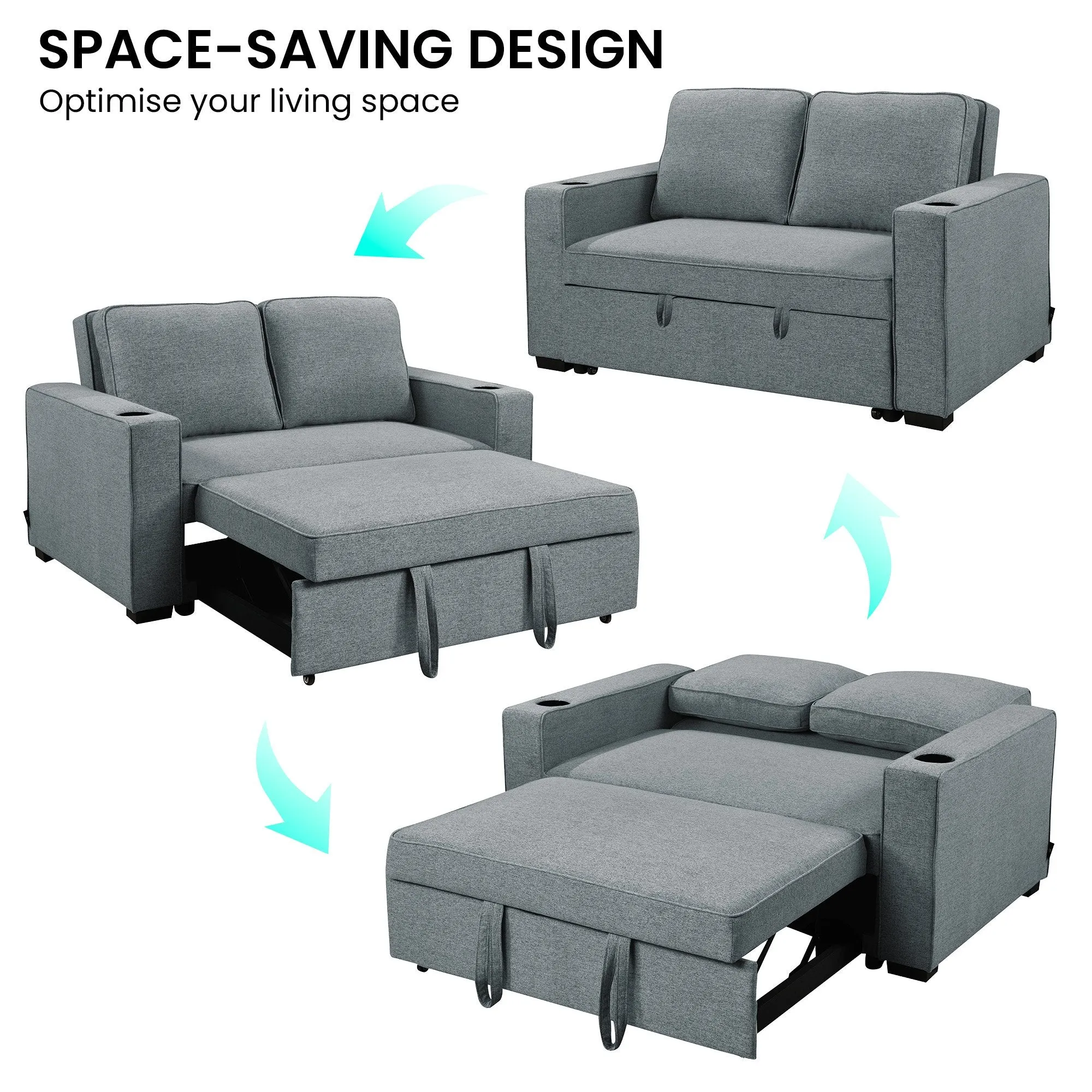 2-Seater Linen Sofa Bed, Cup Holders, Space-Saving, Dark Grey