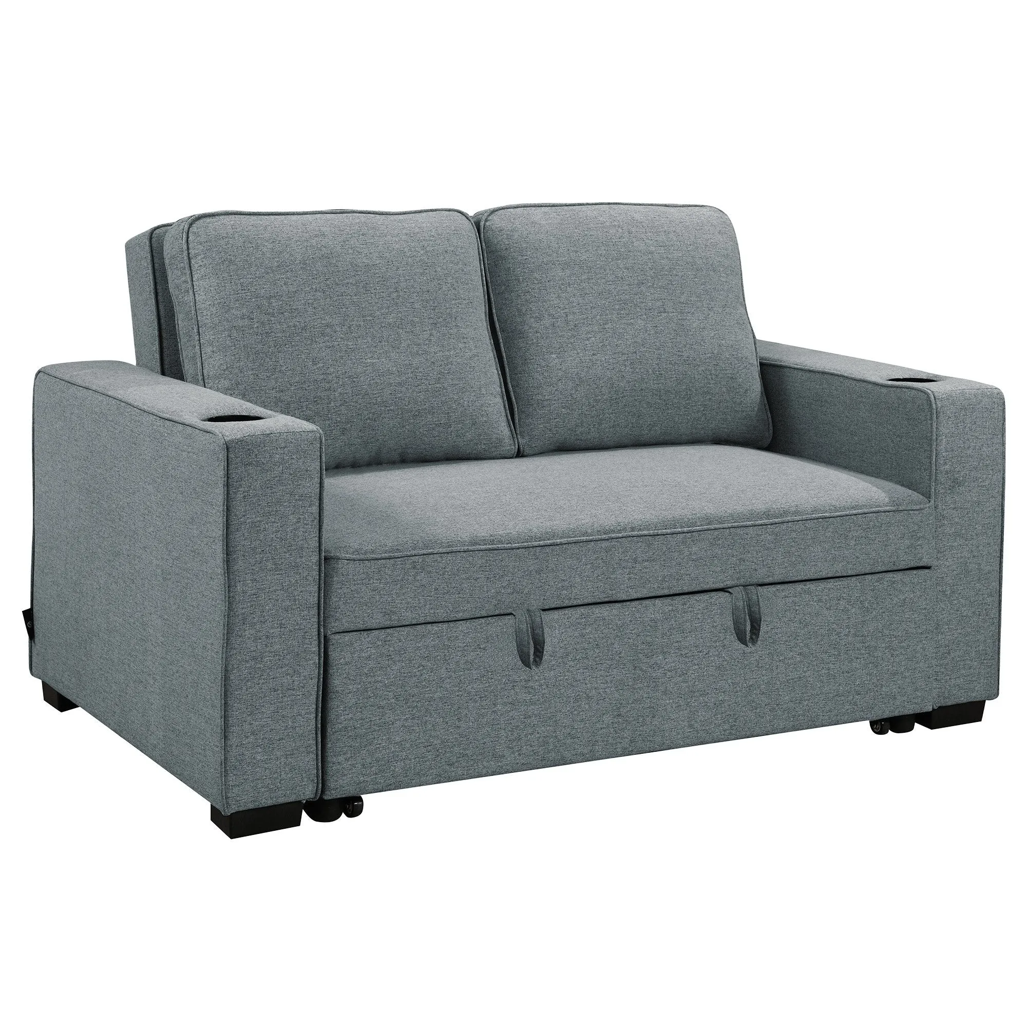 2-Seater Linen Sofa Bed, Cup Holders, Space-Saving, Dark Grey