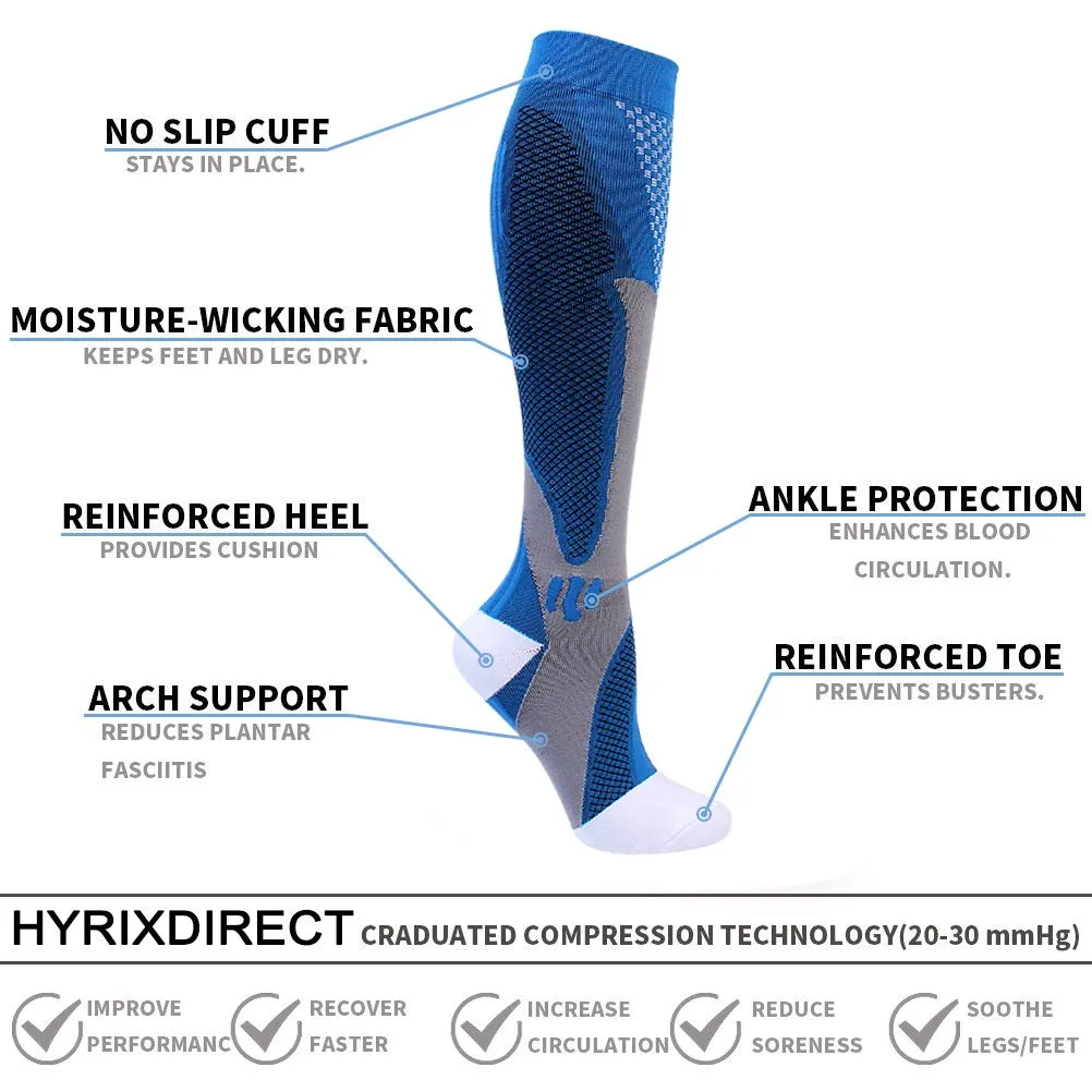 6 Pairs Compression Socks for Men Women 20-30mmhg Knee High Medical Support for Sports Nurses Circulation Flight Athletic White Blue Black X-Large-XX-Large