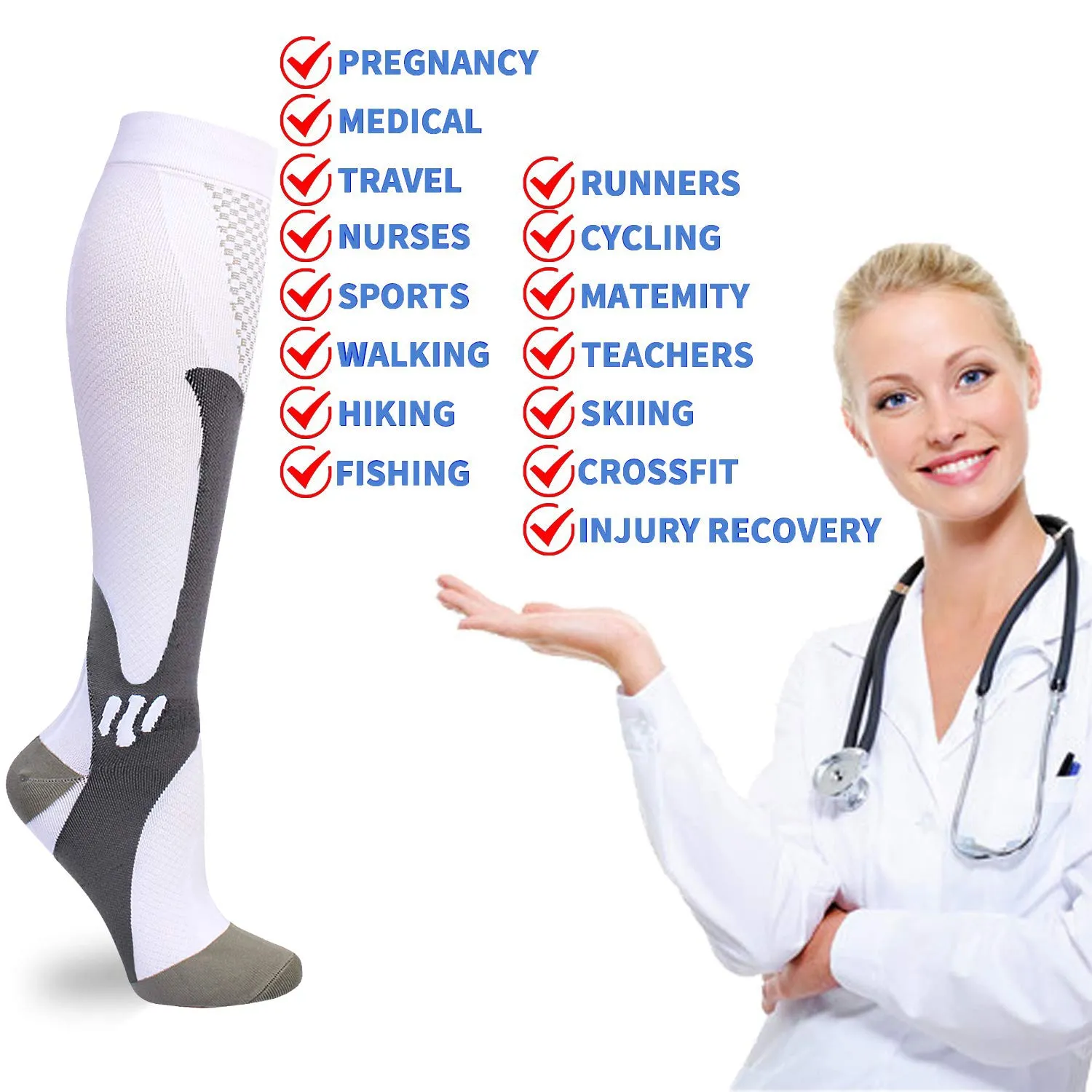 6 Pairs Compression Socks for Men Women 20-30mmhg Knee High Medical Support for Sports Nurses Circulation Flight Athletic White Blue Black X-Large-XX-Large