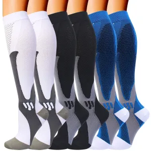 6 Pairs Compression Socks for Men Women 20-30mmhg Knee High Medical Support for Sports Nurses Circulation Flight Athletic White Blue Black X-Large-XX-Large