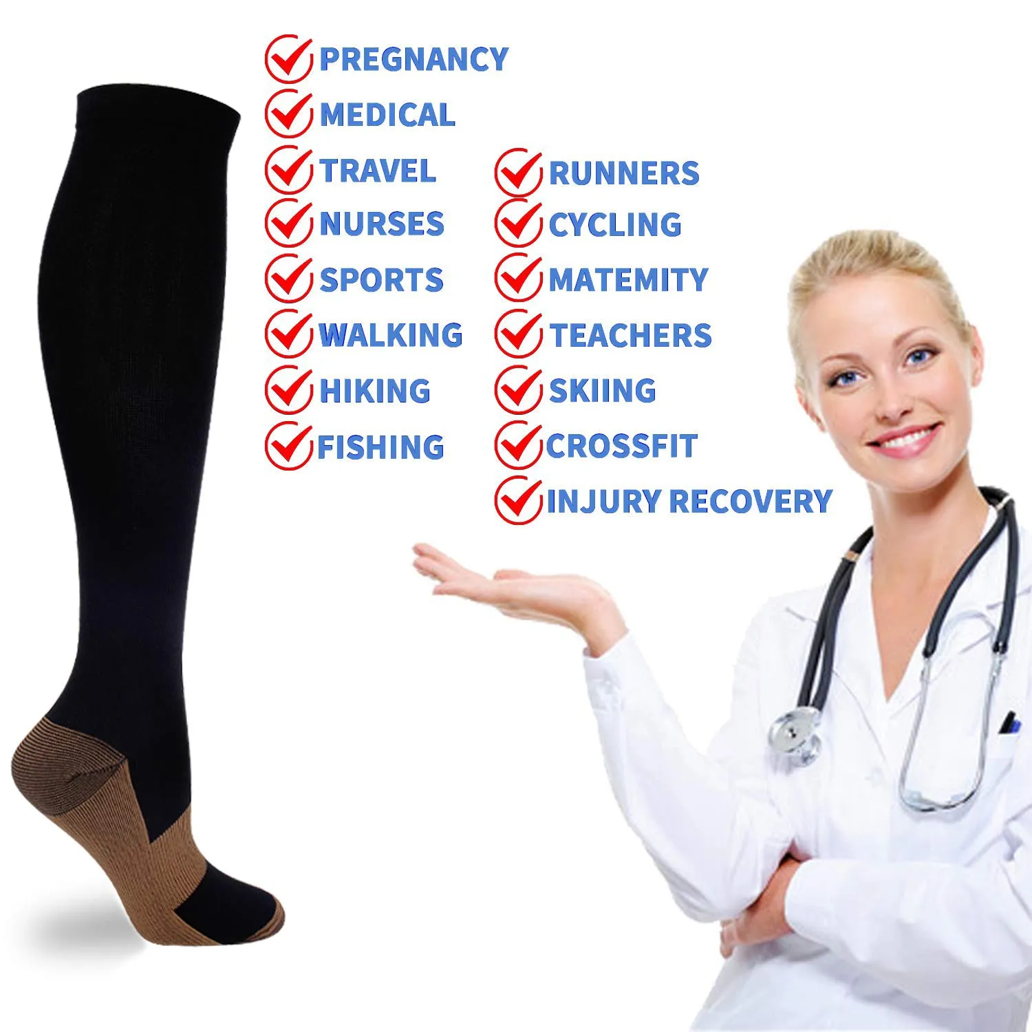 7 Pairs Copper Compression Socks for Men Women 20-30 mmHg Knee High Stockings Black Large/X-Large (7 Pair)