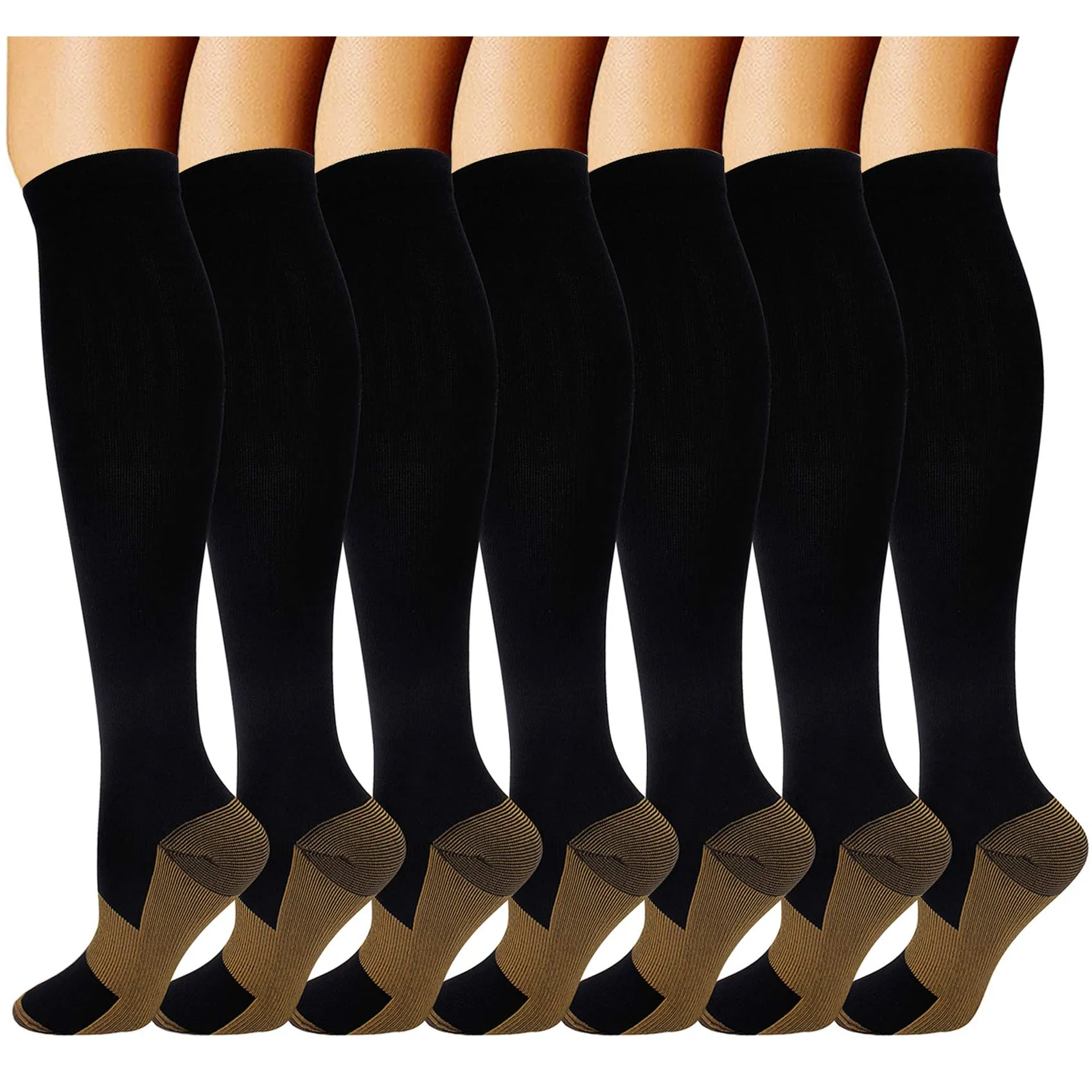 7 Pairs Copper Compression Socks for Men Women 20-30 mmHg Knee High Stockings Black Large/X-Large (7 Pair)