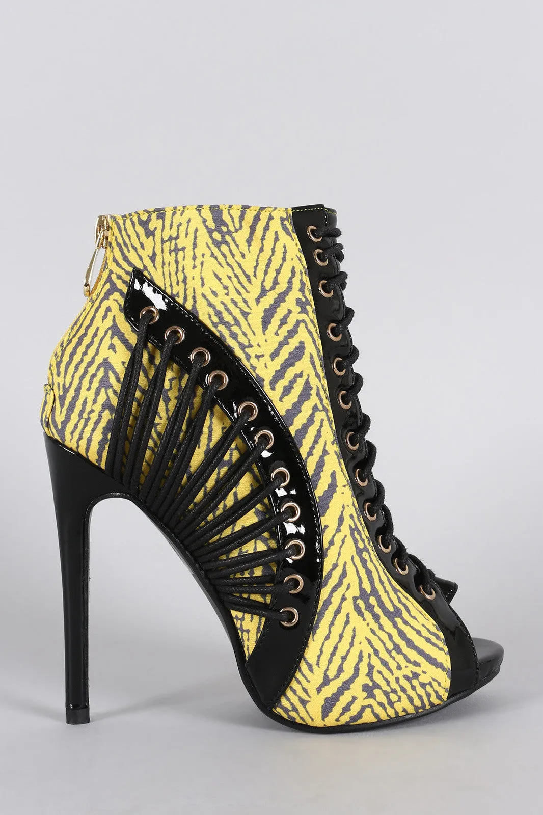 Abstract Print Corset Peep Toe Stiletto Booties