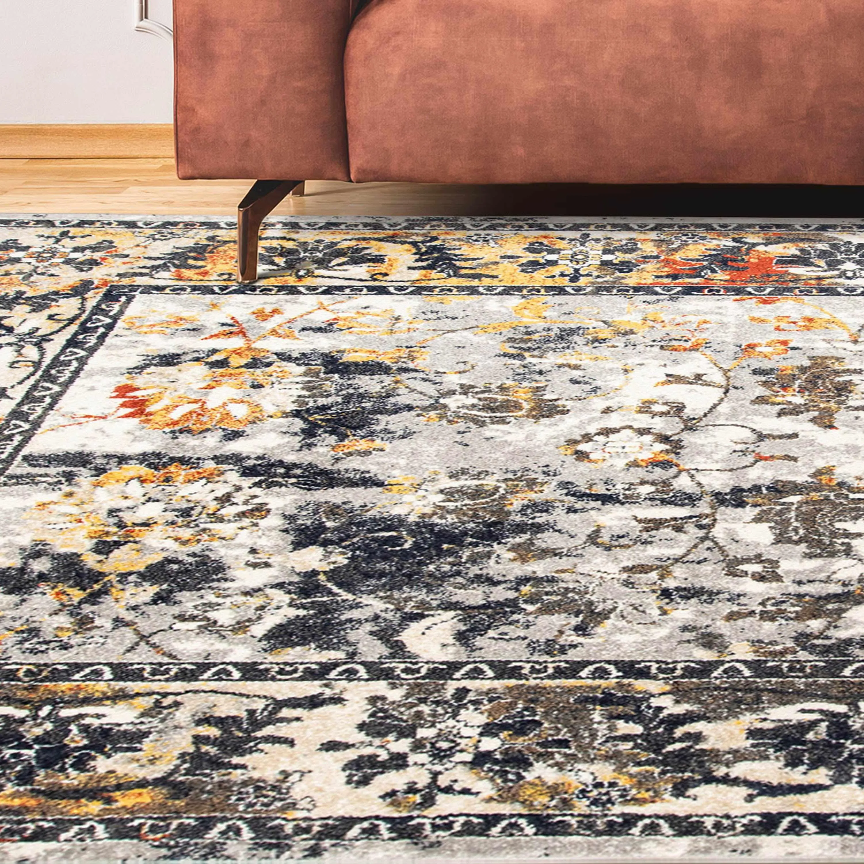 Azuza Distressed Floral and Vine Indoor Area Rug or Runner