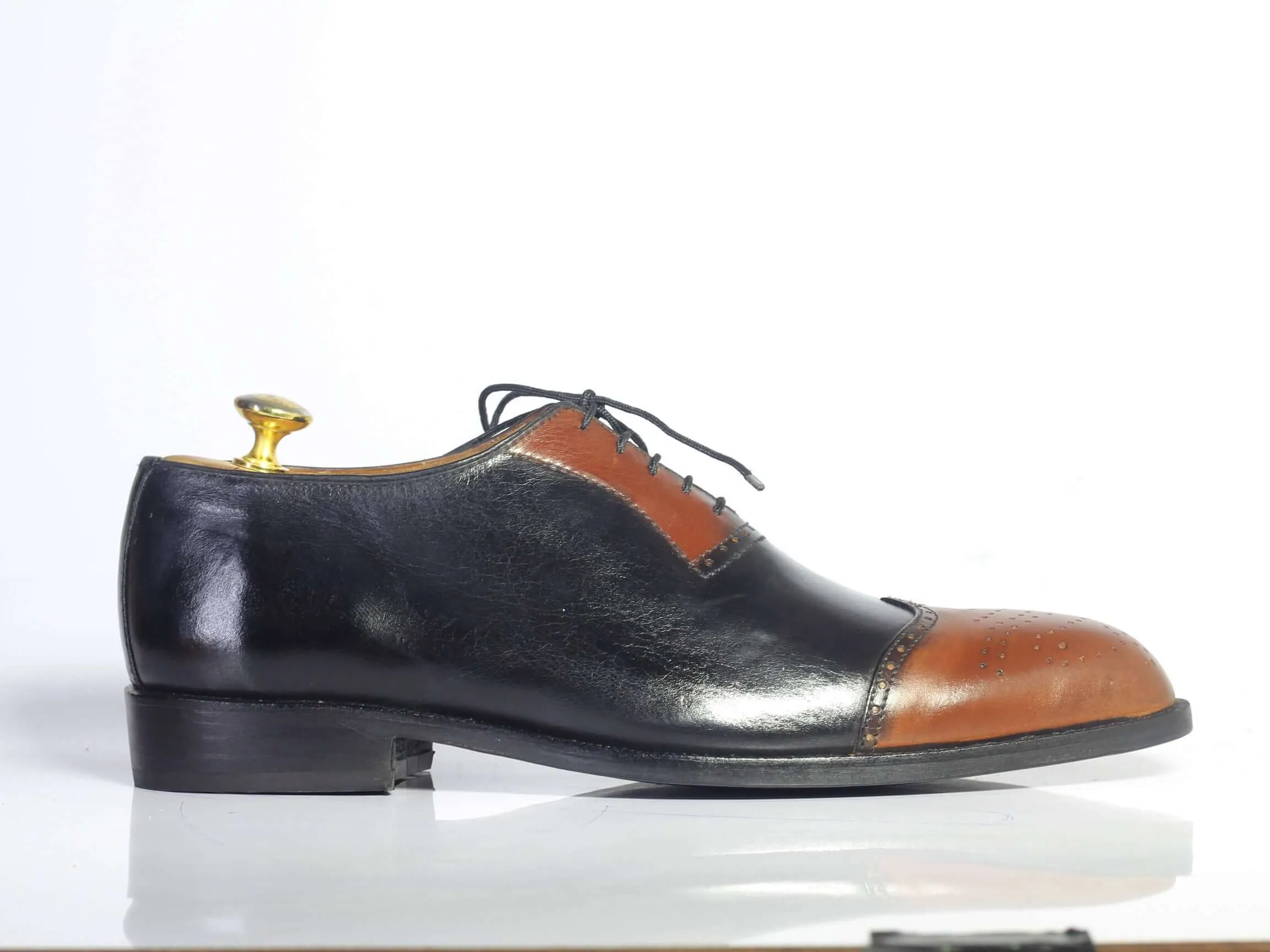 Bespoke Brown Black Leather Wing Tip Lace up Shoes