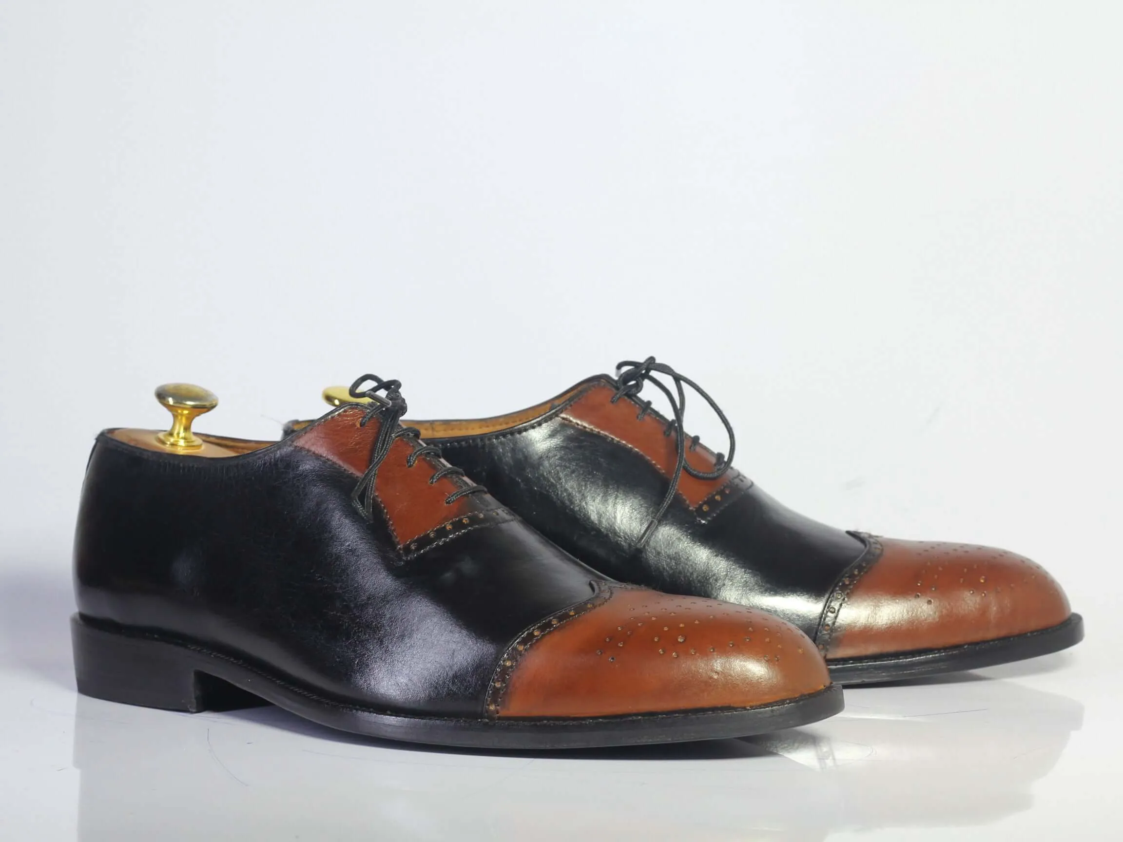 Bespoke Brown Black Leather Wing Tip Lace up Shoes