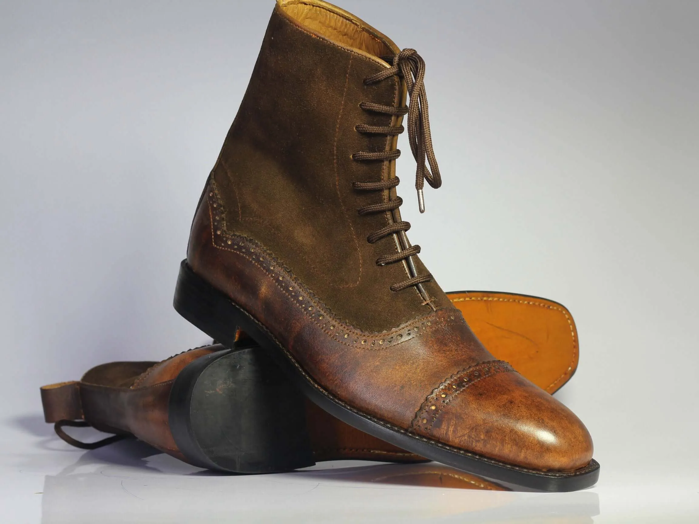 Bespoke Brown Leather Suede Cap Toe Ankle Lace Up Boots