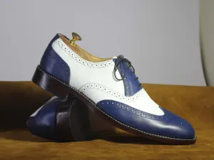 Bespoke White & Blue Wing Tip Brogue Lace Up Shoes