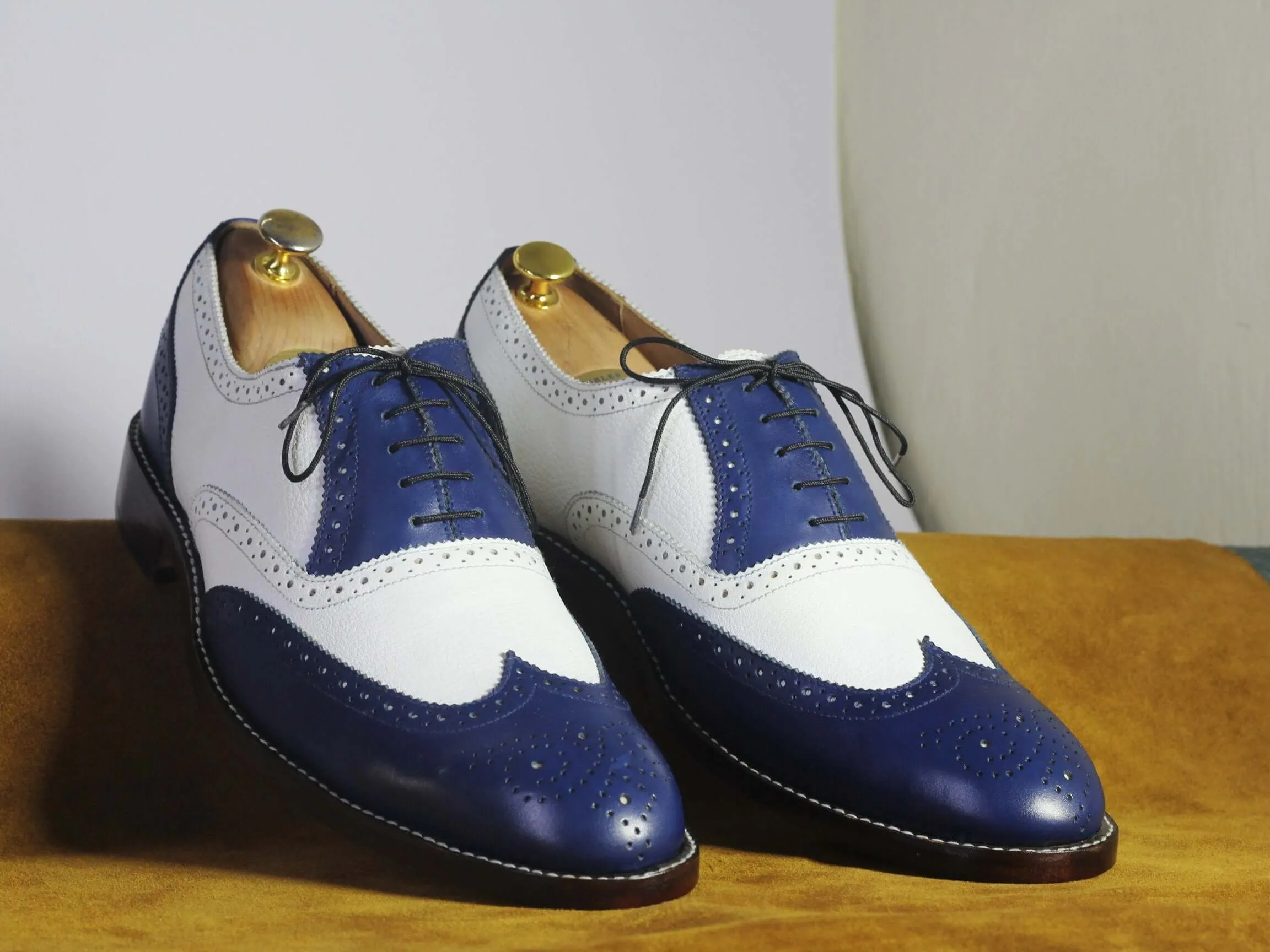 Bespoke White & Blue Wing Tip Brogue Lace Up Shoes