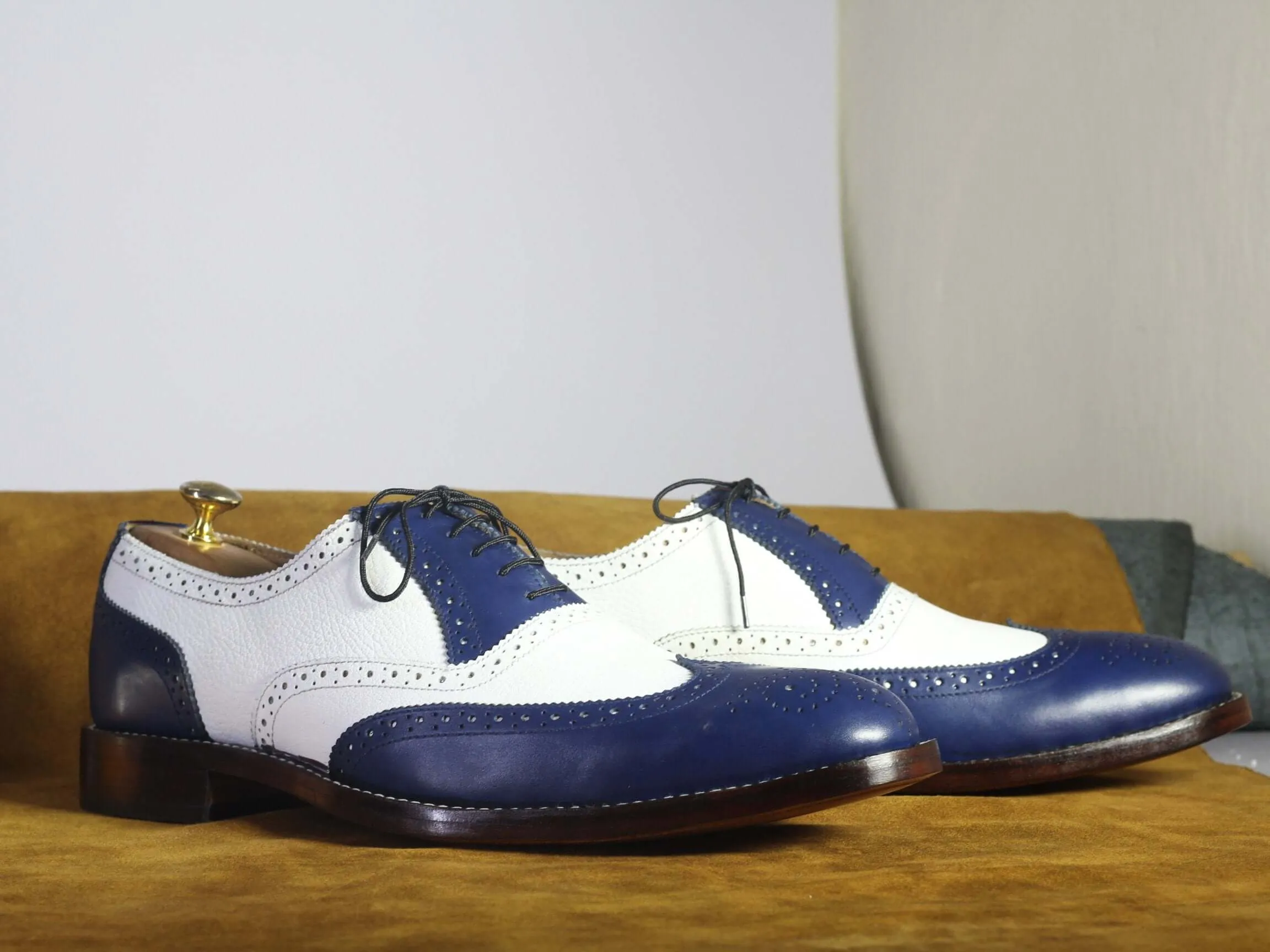 Bespoke White & Blue Wing Tip Brogue Lace Up Shoes