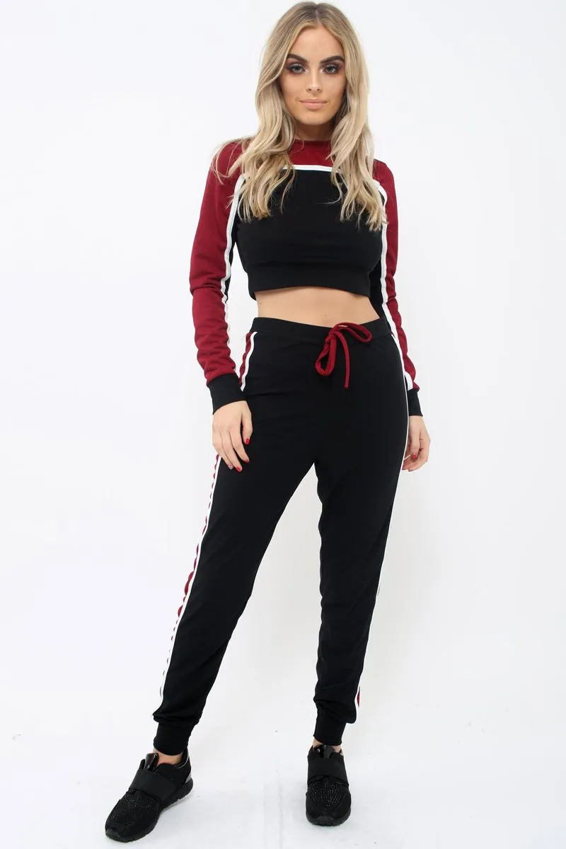 Black And Wine Colour Block Tracksuit - Adryanna