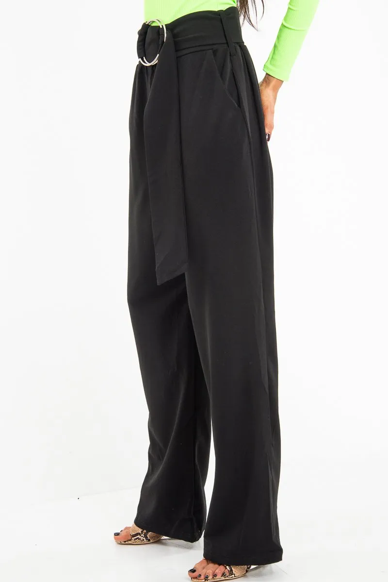 Black Crepe Wide Leg O Ring Belted Trousers - Jaselle