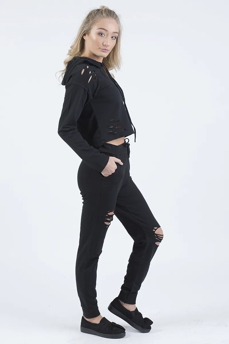 Black Distressed Hoodie Tracksuit - Mollie