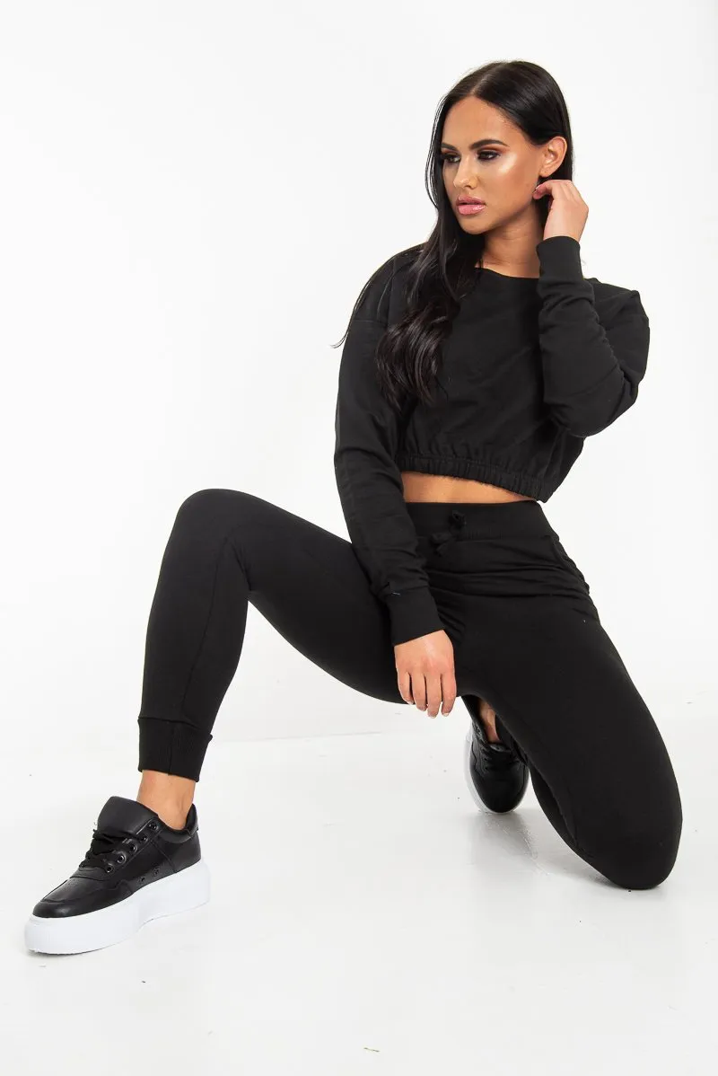 Black Elasticated Cropped Top and Jogger Set - Kruz