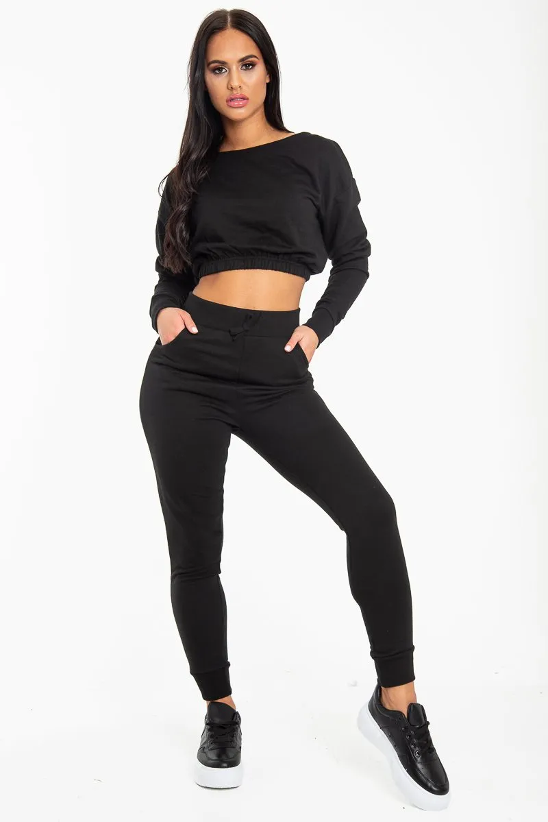 Black Elasticated Cropped Top and Jogger Set - Kruz