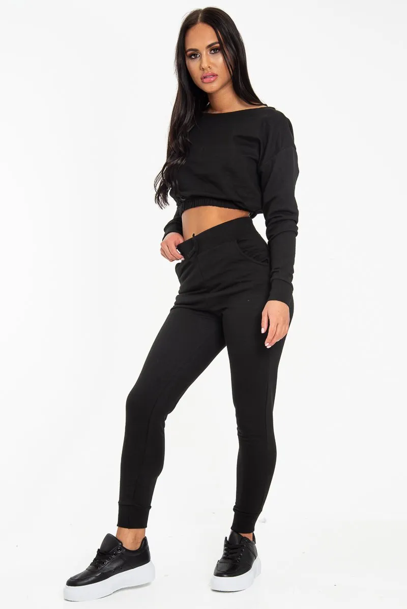 Black Elasticated Cropped Top and Jogger Set - Kruz