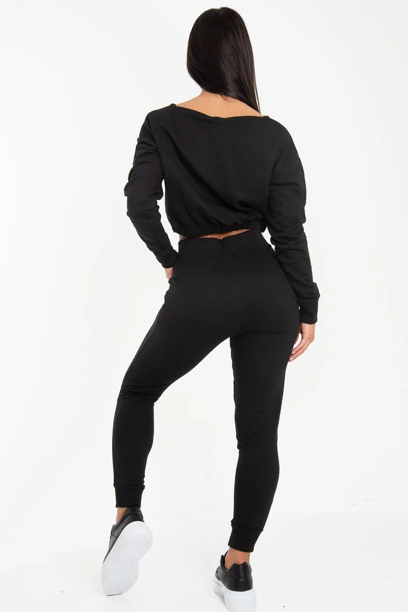 Black Elasticated Cropped Top and Jogger Set - Kruz