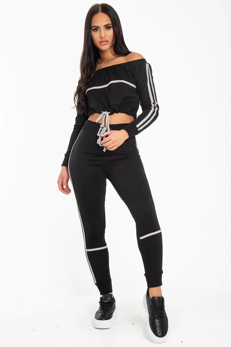 Black Grey Stripe Detail Tie Waist Sweatshirt and Jogger Set - Zamiya