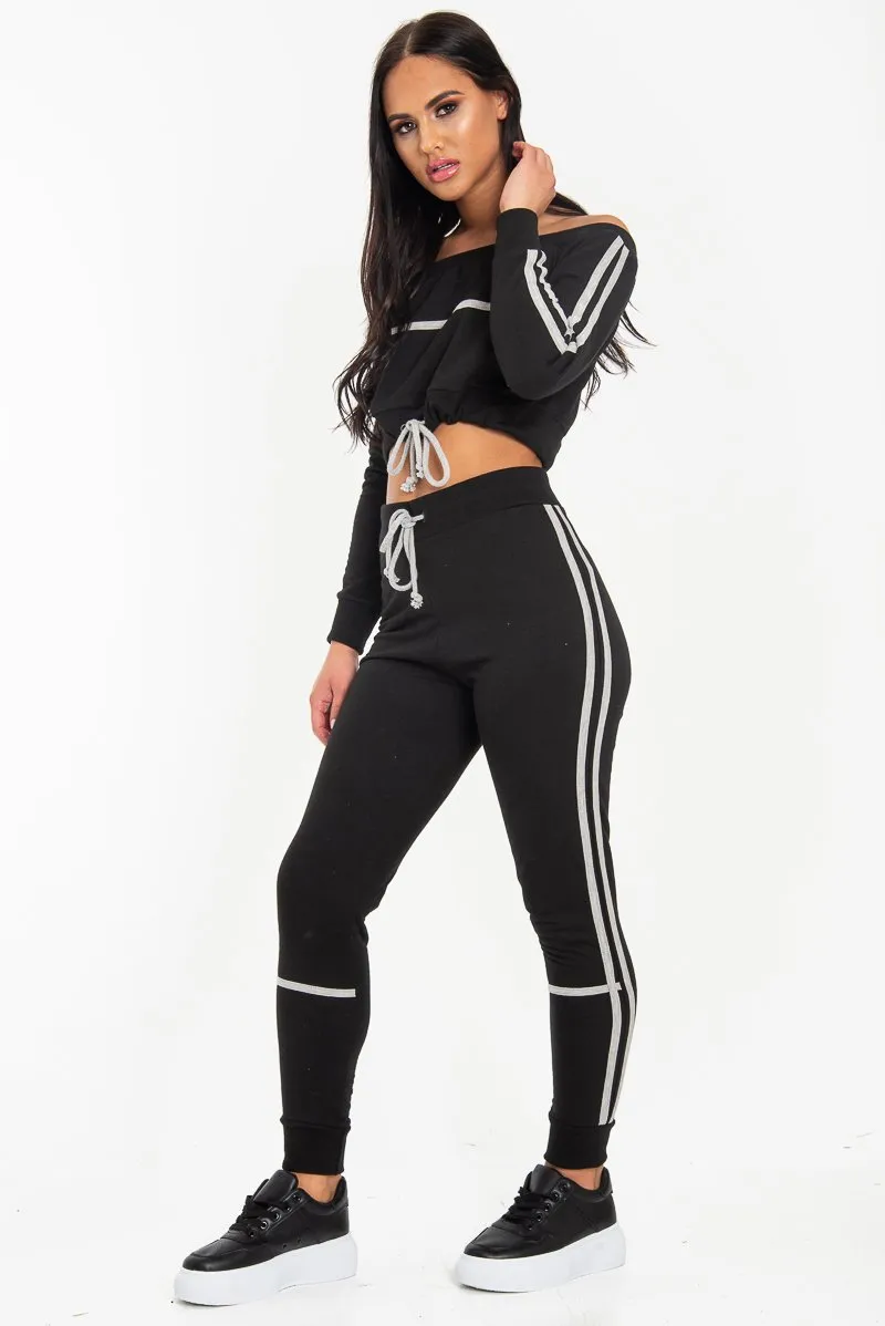 Black Grey Stripe Detail Tie Waist Sweatshirt and Jogger Set - Zamiya