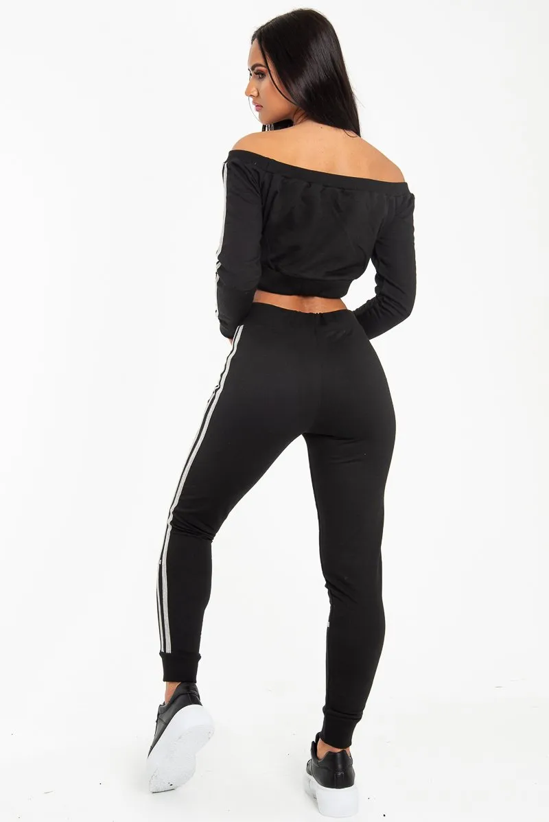 Black Grey Stripe Detail Tie Waist Sweatshirt and Jogger Set - Zamiya