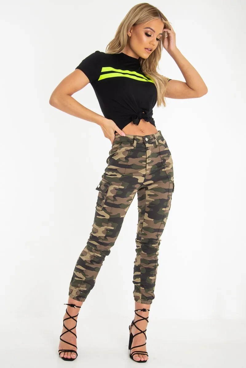 Black Neon Green Stripe Tie Front Crop T-Shirt - Britany