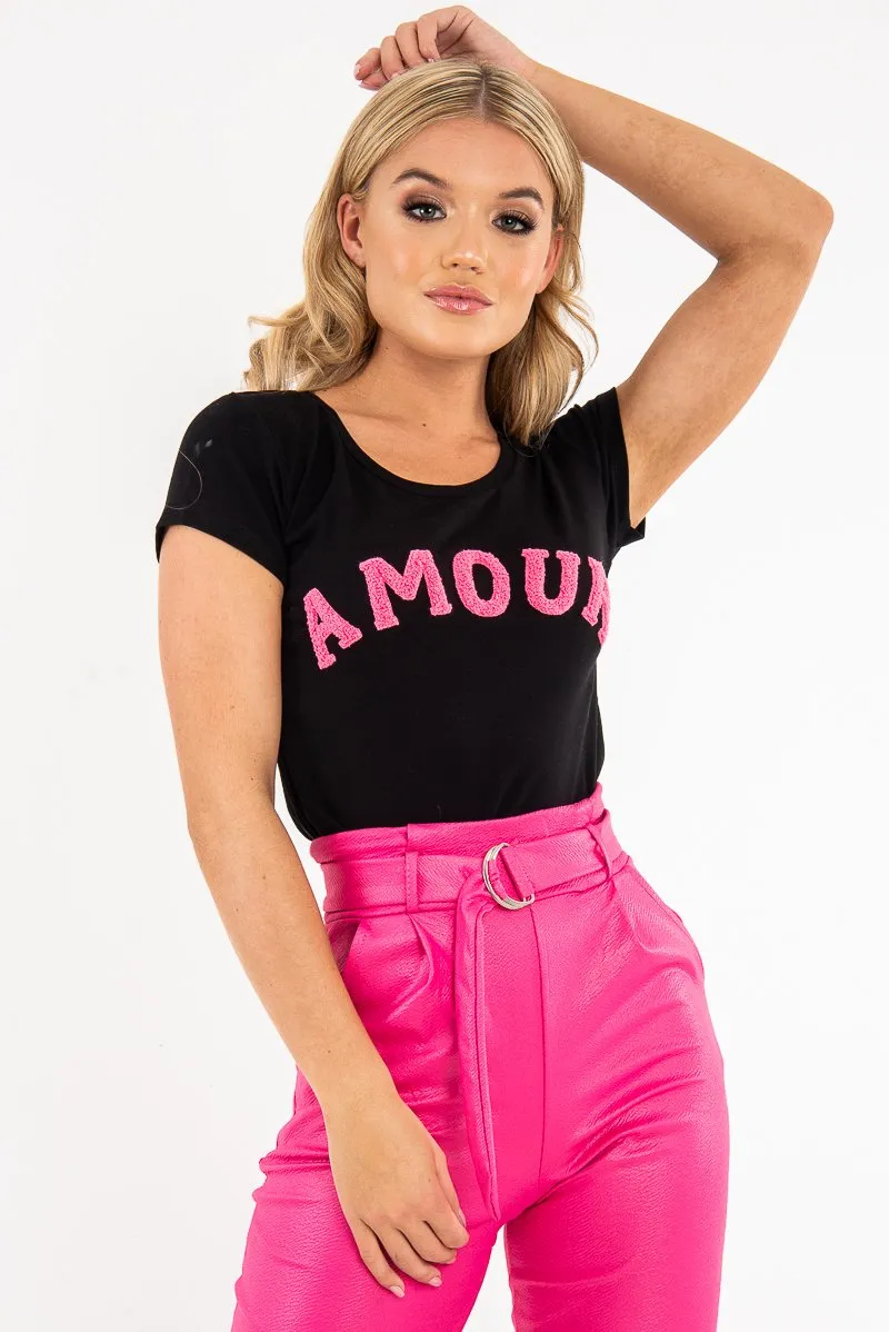 Black Pink Amour Textured Slogan Tee - Andelyn