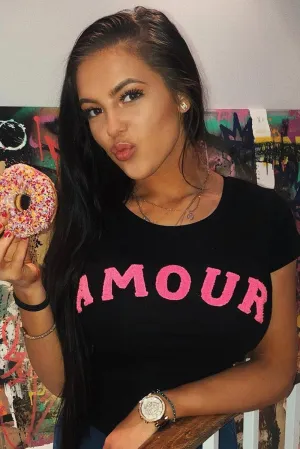 Black Pink Amour Textured Slogan Tee - Andelyn