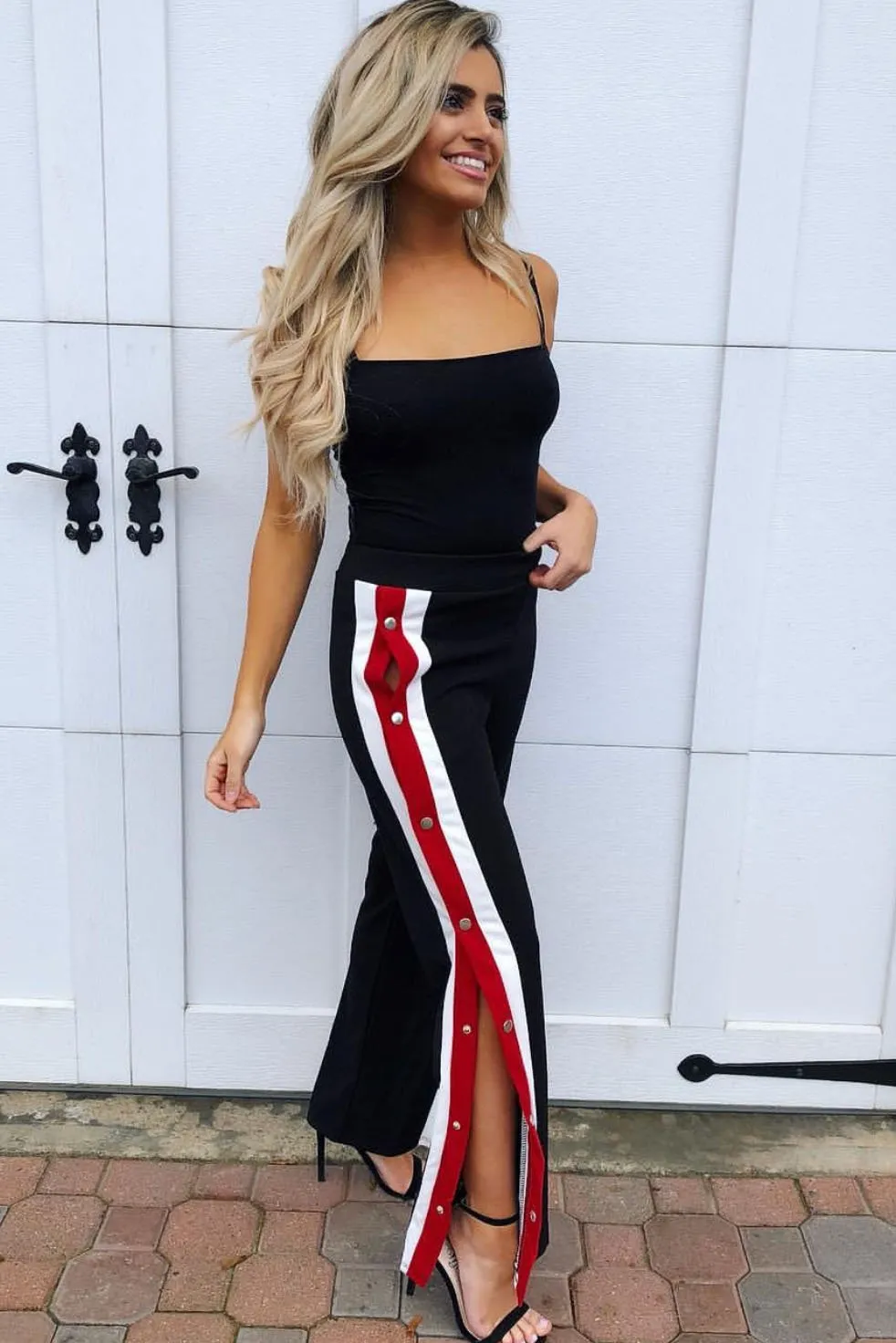 Black Popper Tailored Trousers with Red and White Stripe - Simona