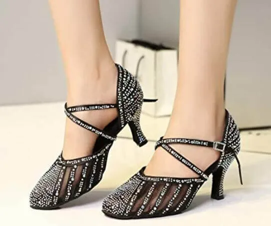 Black Rhinestone Closed Toe Dance Shoes Smooth Ballroom Shoes