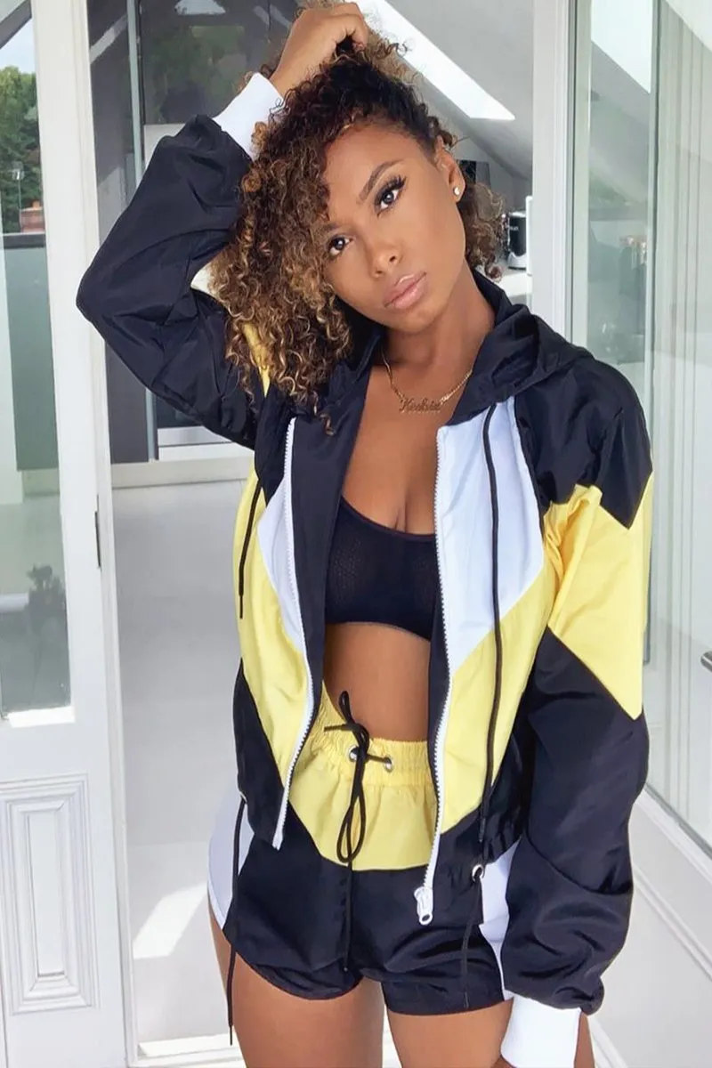 Black Yellow Colour Block Hooded Jacket Shorts Tracksuit Co-ord - Jettie