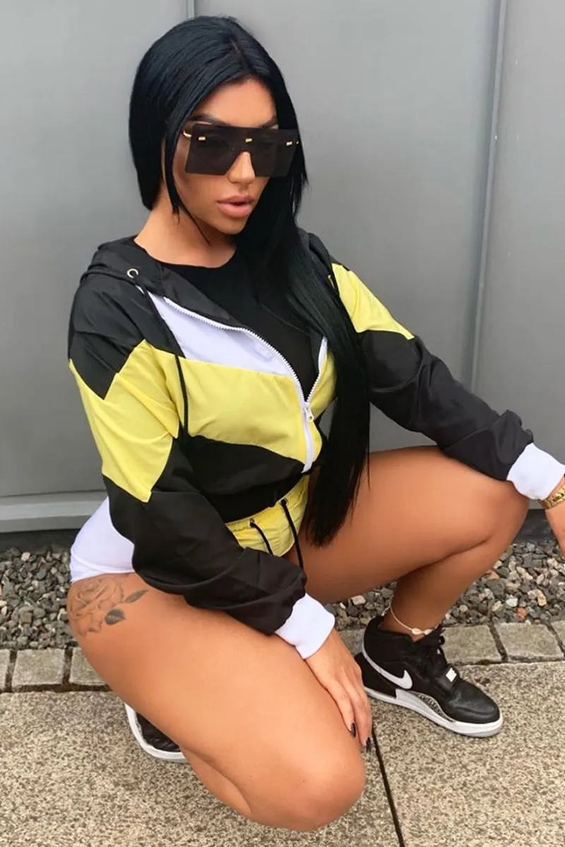 Black Yellow Colour Block Hooded Jacket Shorts Tracksuit Co-ord - Jettie