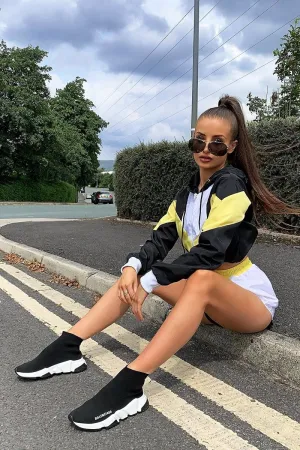 Black Yellow Colour Block Hooded Jacket Shorts Tracksuit Co-ord - Jettie