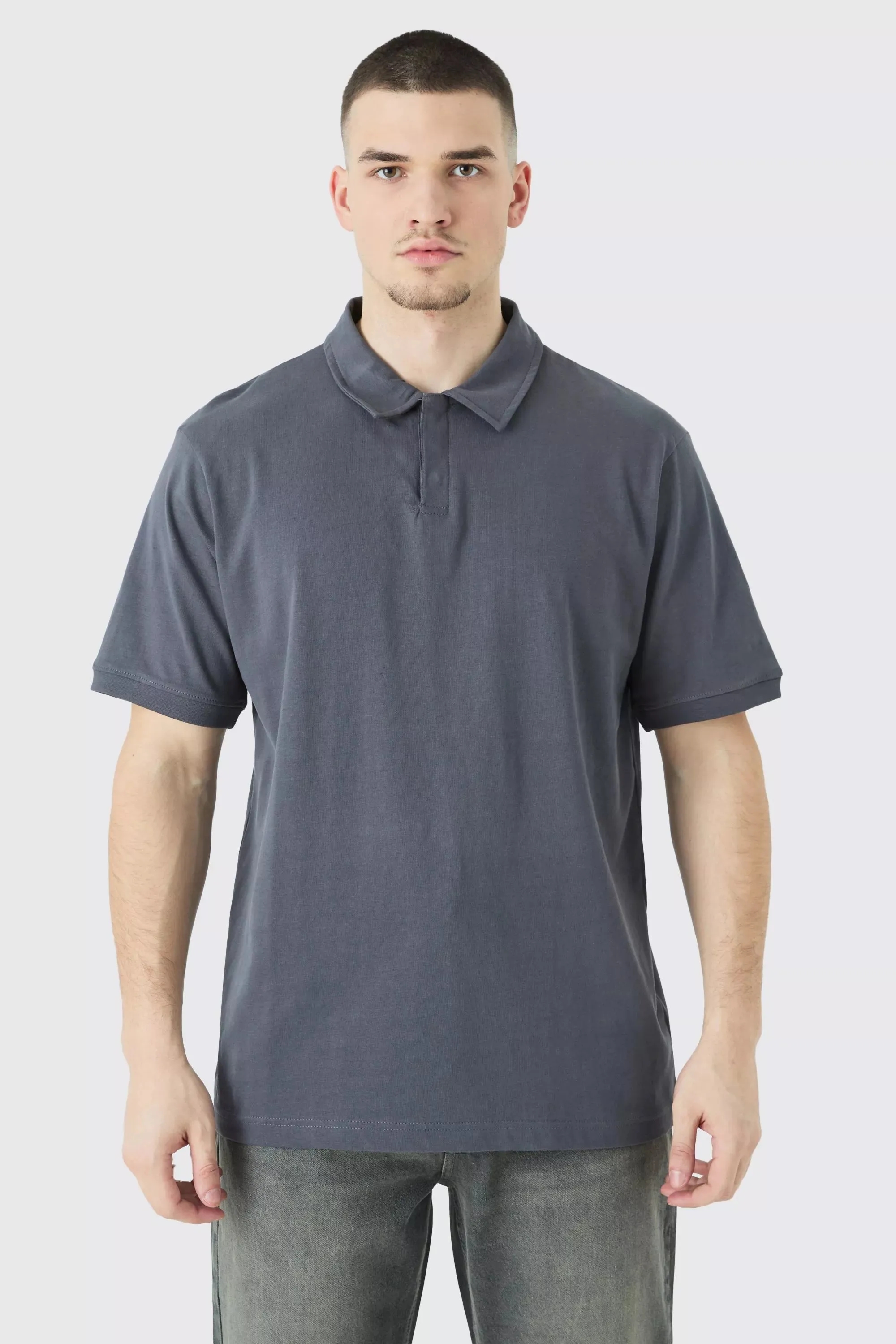 Boohoo Grey Tall Core Heavy Carded Button Up Mens Polo Shirt