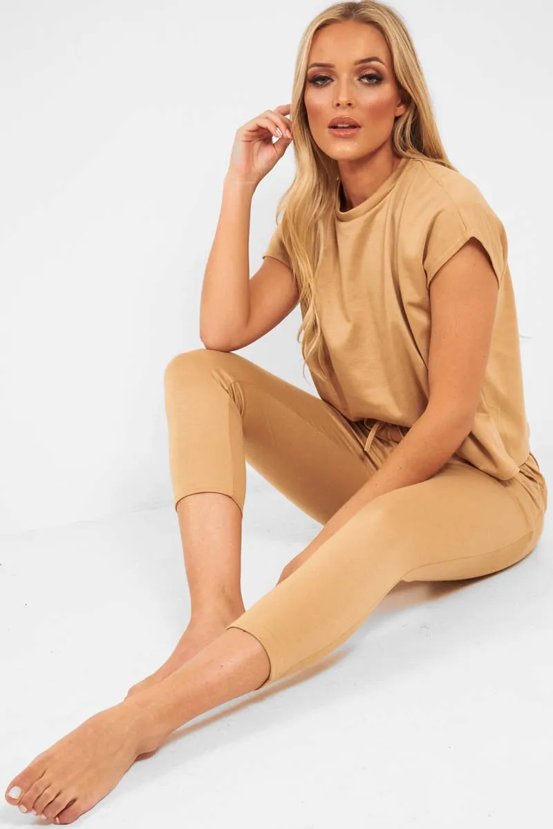 Camel Short Sleeve Crop Jogger Loungewear Set - Aarian