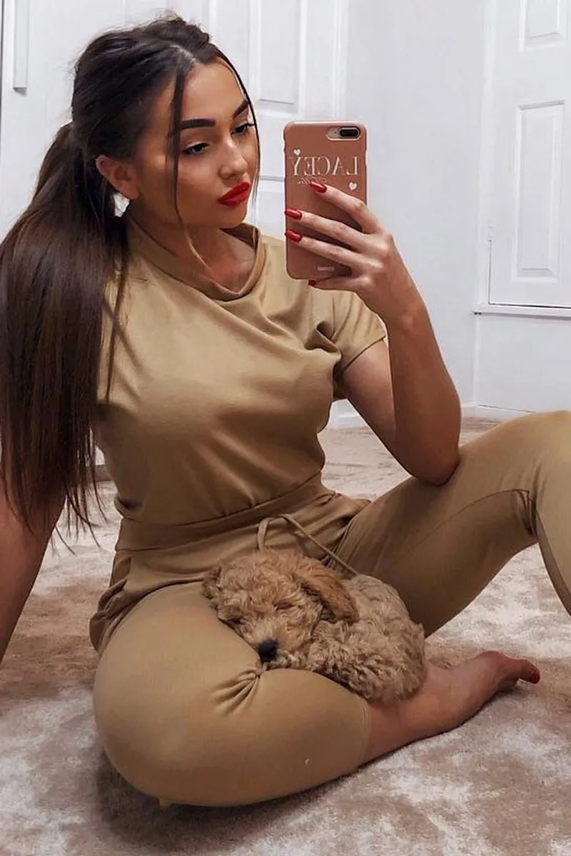 Camel Short Sleeve Crop Jogger Loungewear Set - Aarian