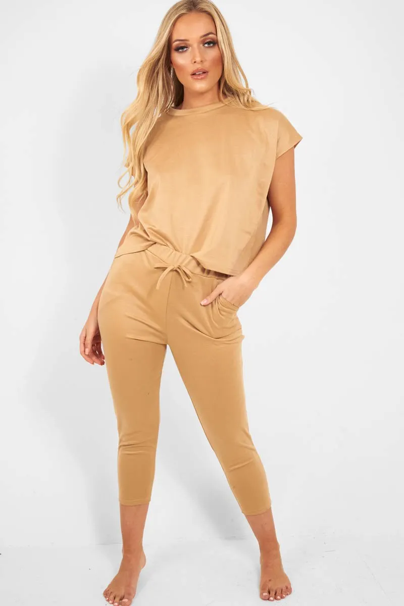 Camel Short Sleeve Crop Jogger Loungewear Set - Aarian