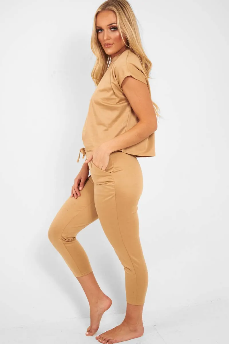 Camel Short Sleeve Crop Jogger Loungewear Set - Aarian