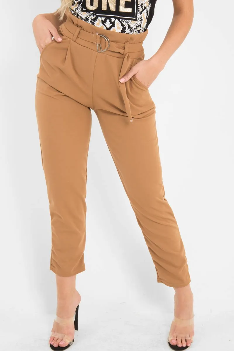 Camel Tapered Belted Cigarette Trousers - Myasia