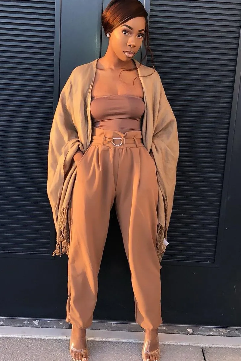 Camel Tapered Belted Cigarette Trousers - Myasia