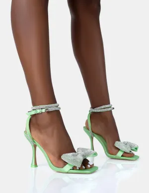 Candy Lime Satin Diamante Bow Square Toe Stiletto Mid Heels