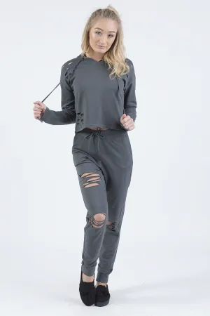 Charcoal Distressed Hoodie Tracksuit - Mollie