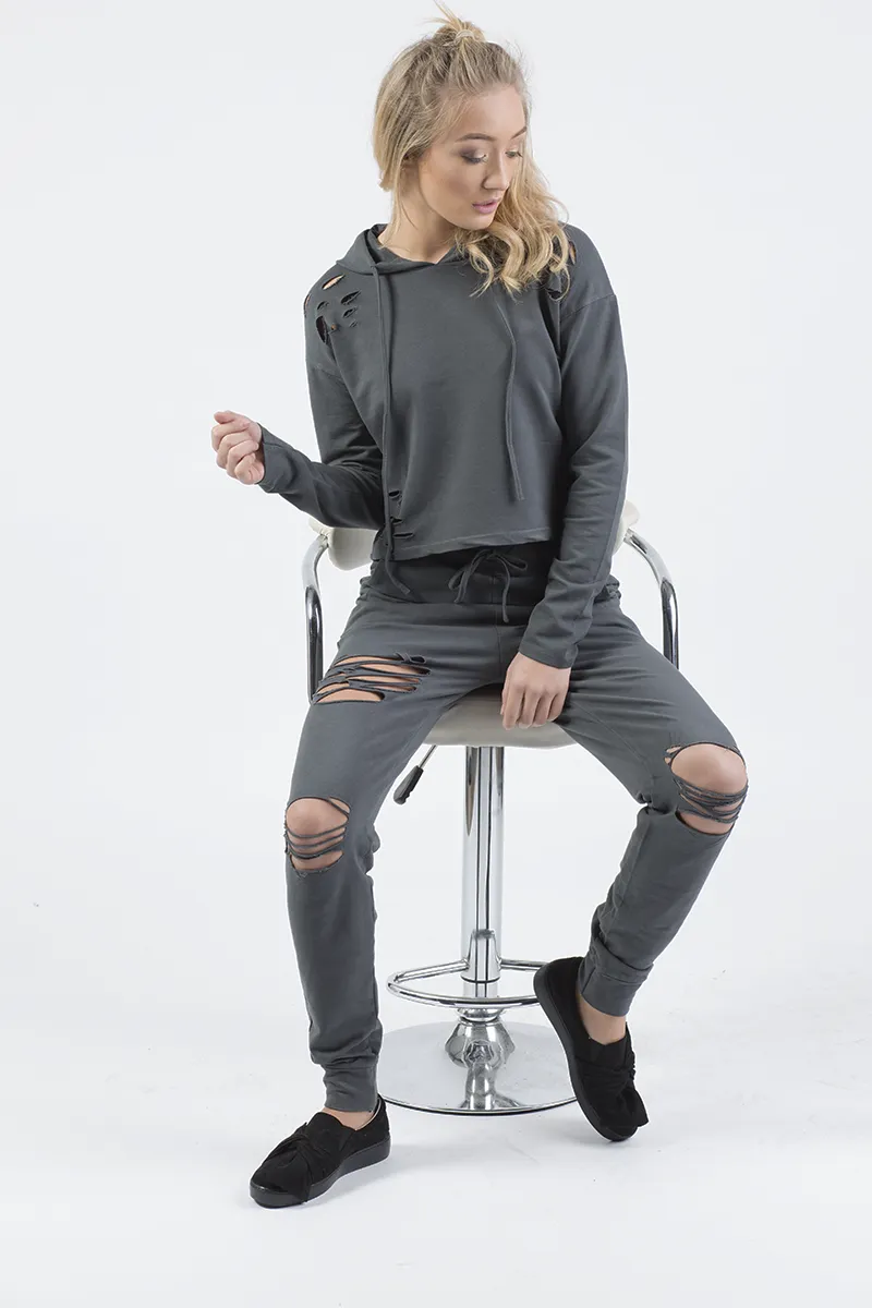 Charcoal Distressed Hoodie Tracksuit - Mollie