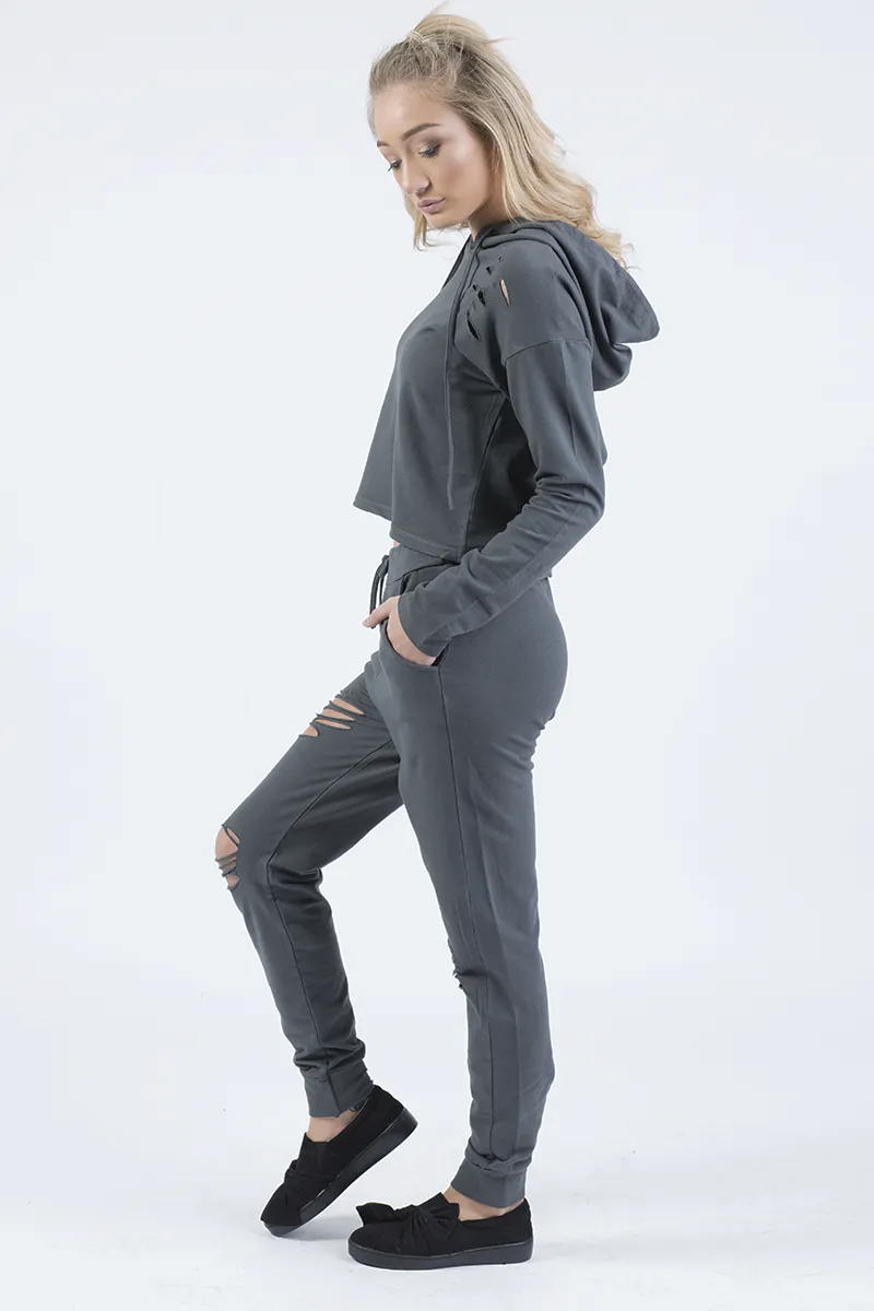 Charcoal Distressed Hoodie Tracksuit - Mollie