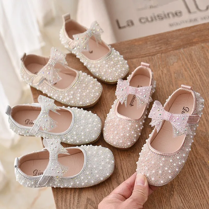 Children's shoes fashion bow rhinestone sequins kids shoes baby girls flat leather shoes