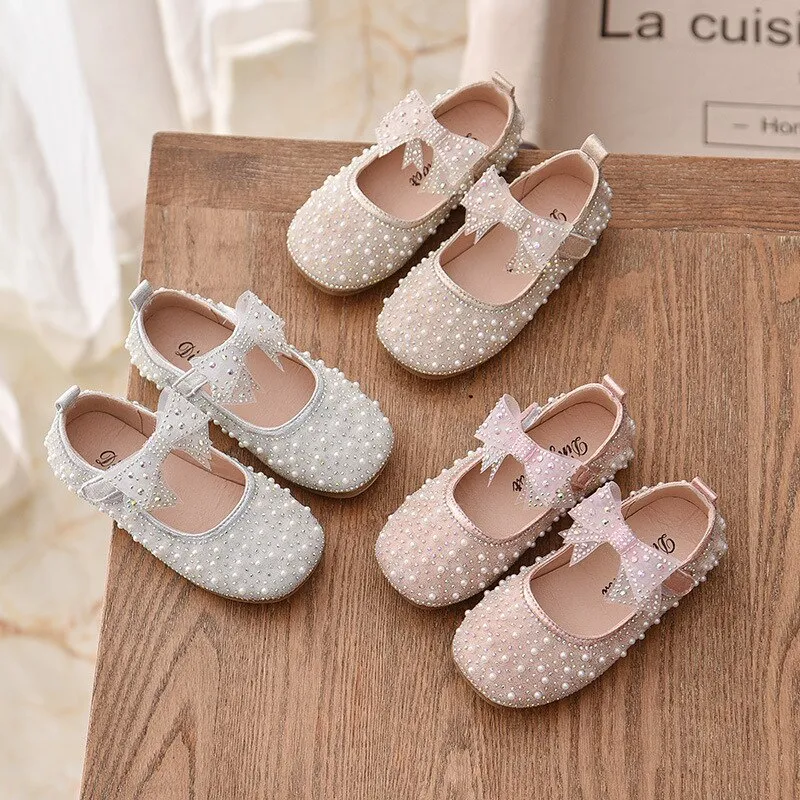 Children's shoes fashion bow rhinestone sequins kids shoes baby girls flat leather shoes