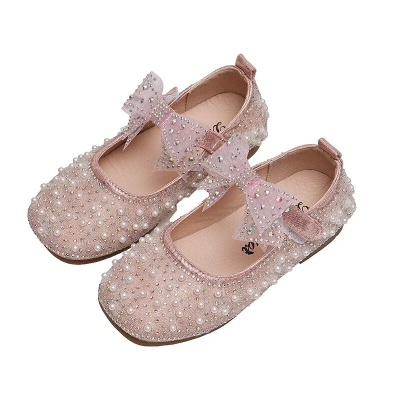 Children's shoes fashion bow rhinestone sequins kids shoes baby girls flat leather shoes