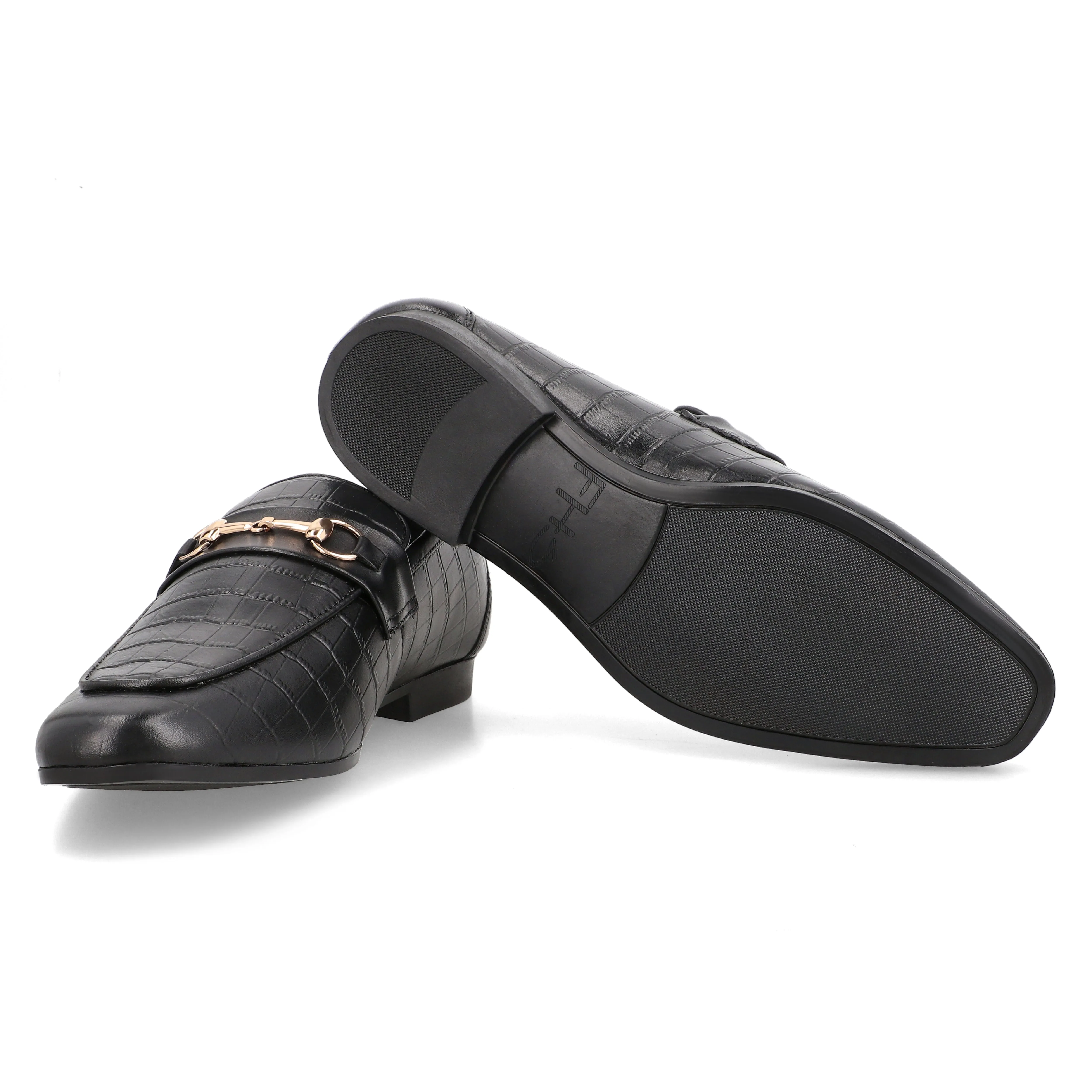 Crocodile Embossed Loafers-Black